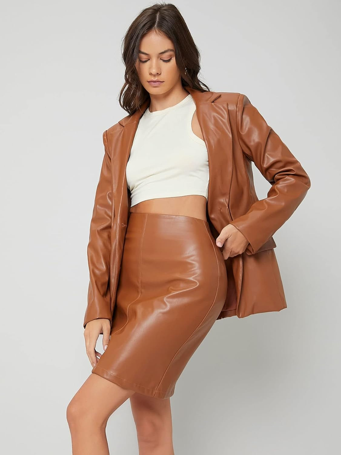 Women'S Casual Pu Leather Zip Back High Waisted Straight Skirt Brown Medium