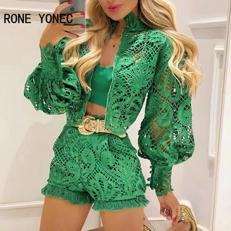 Women Solid Hollow-Out Puff Sleeve Sexy Short Sets