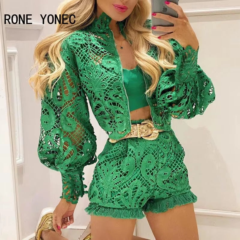 Women Solid Hollow-Out Puff Sleeve Sexy Short Sets