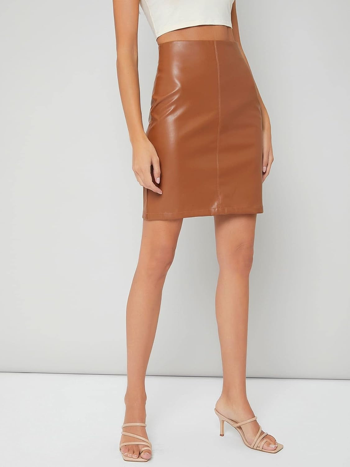 Women'S Casual Pu Leather Zip Back High Waisted Straight Skirt Brown Medium