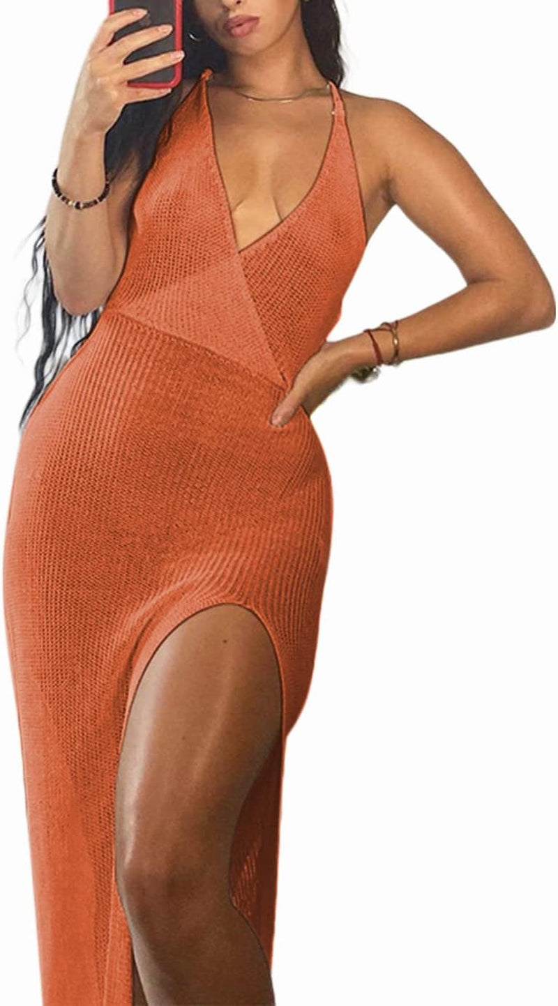 Women'S Halter Crochet Swimwear Cover Ups See through Side Split Backless Summer Beach Long Dress Orange X-Large