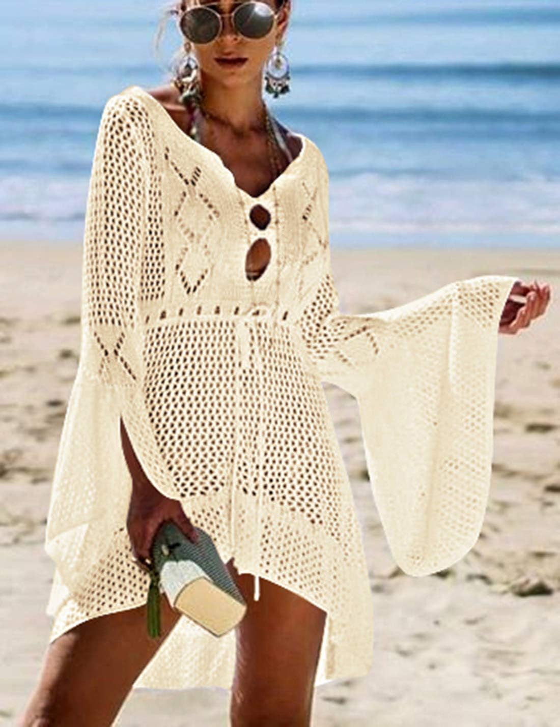 Tunic Swimwear Cover up Crochet Hollow Beach Bikini Dress for Women