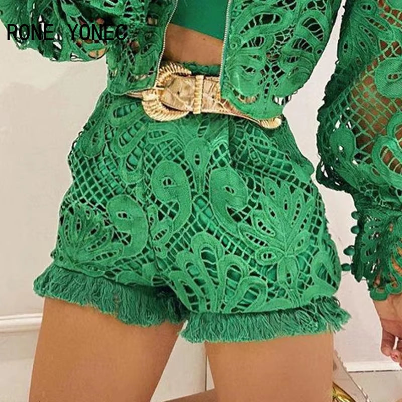 Women Solid Hollow-Out Puff Sleeve Sexy Short Sets