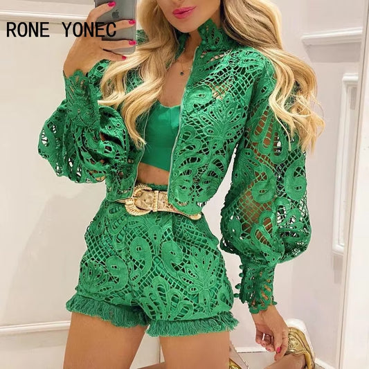 Women Solid Hollow-Out Puff Sleeve Sexy Short Sets