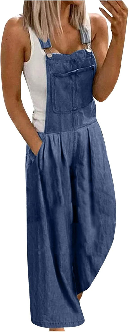 Women Fashion Denim Jumpsuit Bib Overalls Loose Casual Sleeveless Jean Rompers Bib Pants