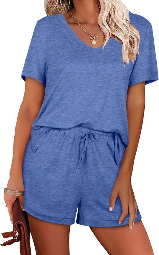 Two Piece Outfits for Women Shorts Lounge Sets Loungewear Blue L