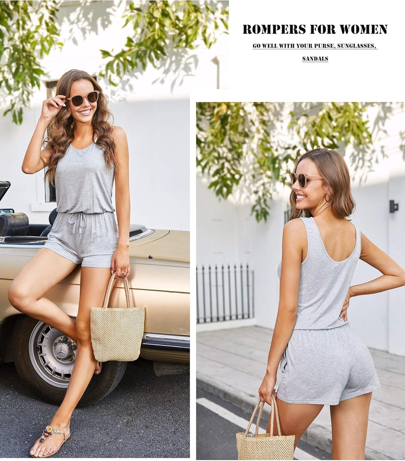 Rompers for Women Summer Sleeveless Scoop Neck Tank Top Casual Short Jumpsuit Rompers with Pockets