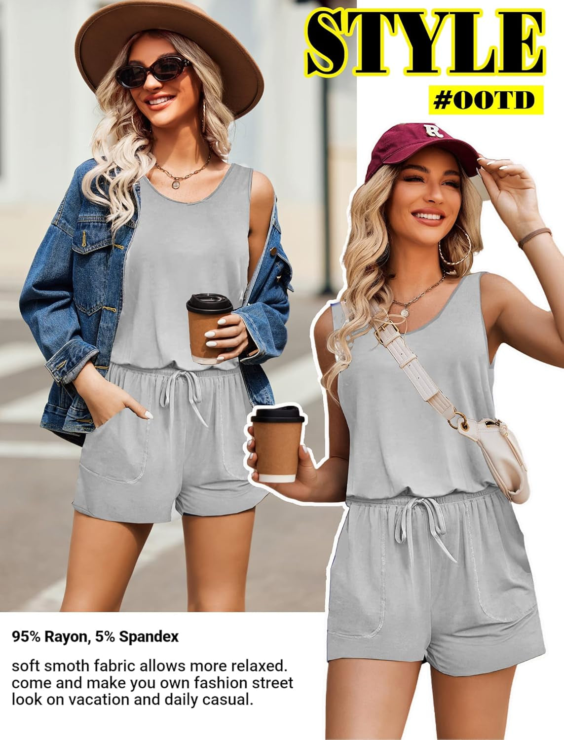Rompers for Women Summer Sleeveless Scoop Neck Tank Top Casual Short Jumpsuit Rompers with Pockets