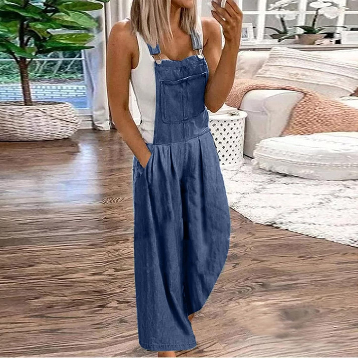 Women Fashion Denim Jumpsuit Bib Overalls Loose Casual Sleeveless Jean Rompers Bib Pants