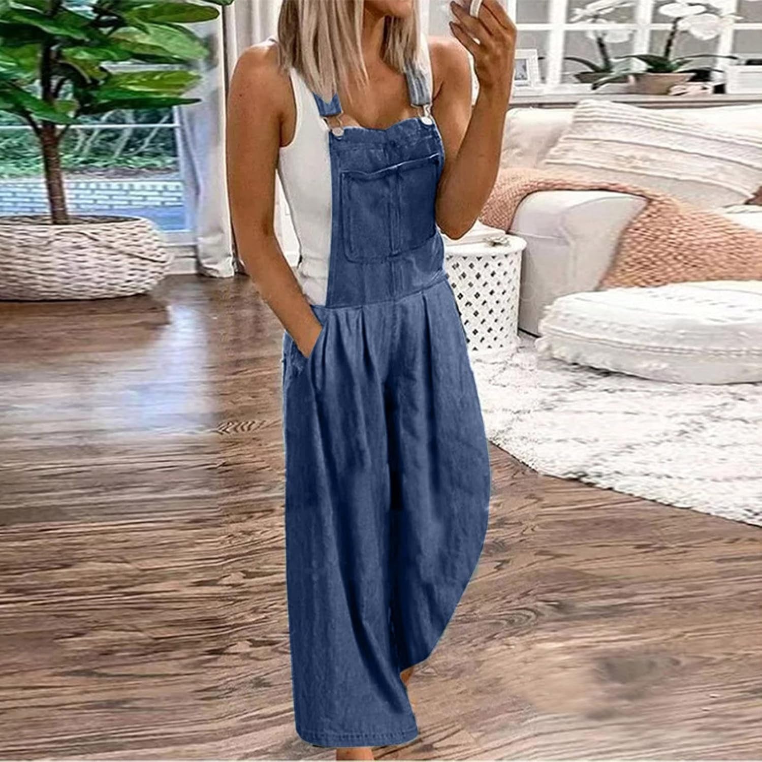 Women Fashion Denim Jumpsuit Bib Overalls Loose Casual Sleeveless Jean Rompers Bib Pants