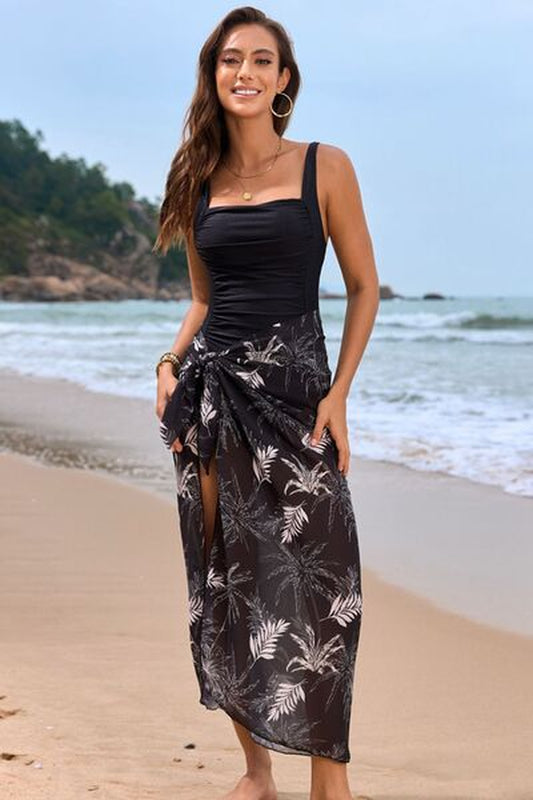 Square Neck Printed One-Piece Swimwear and Cover up Swim Set