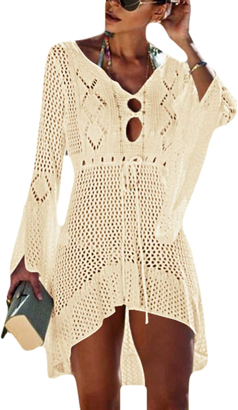 Tunic Swimwear Cover up Crochet Hollow Beach Bikini Dress for Women